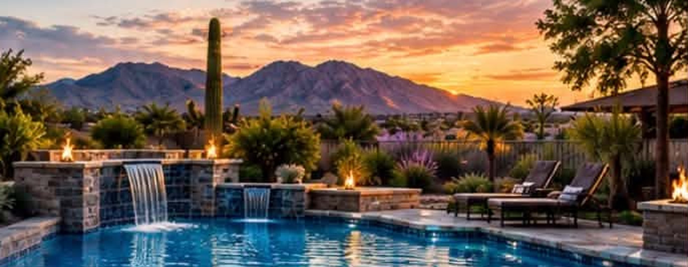 Backyard pool with waterfalls at sunset in Queen Creek, Arizona