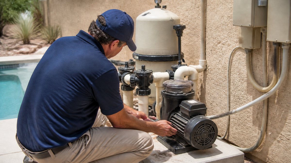 Technician repairing pool equipment