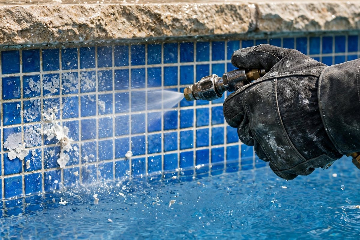 Close-up of media blasting calcium from pool waterline tile